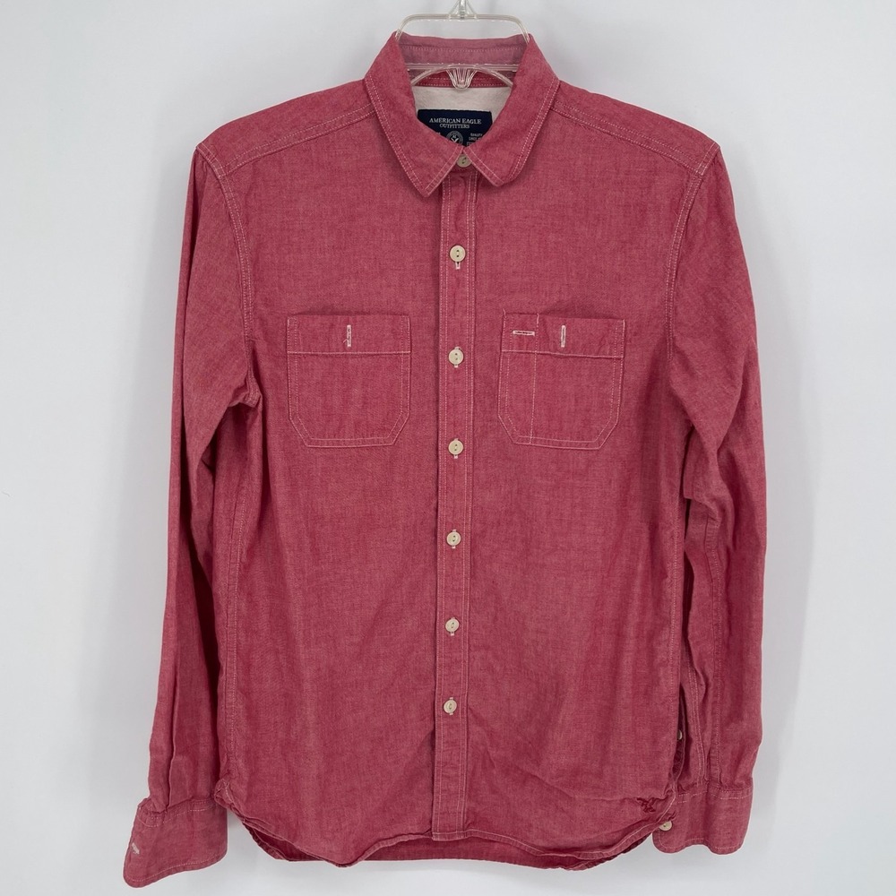 American Eagle Outfitters Men's Red Chambray Long Sleeve Button Up Shirt Size XS